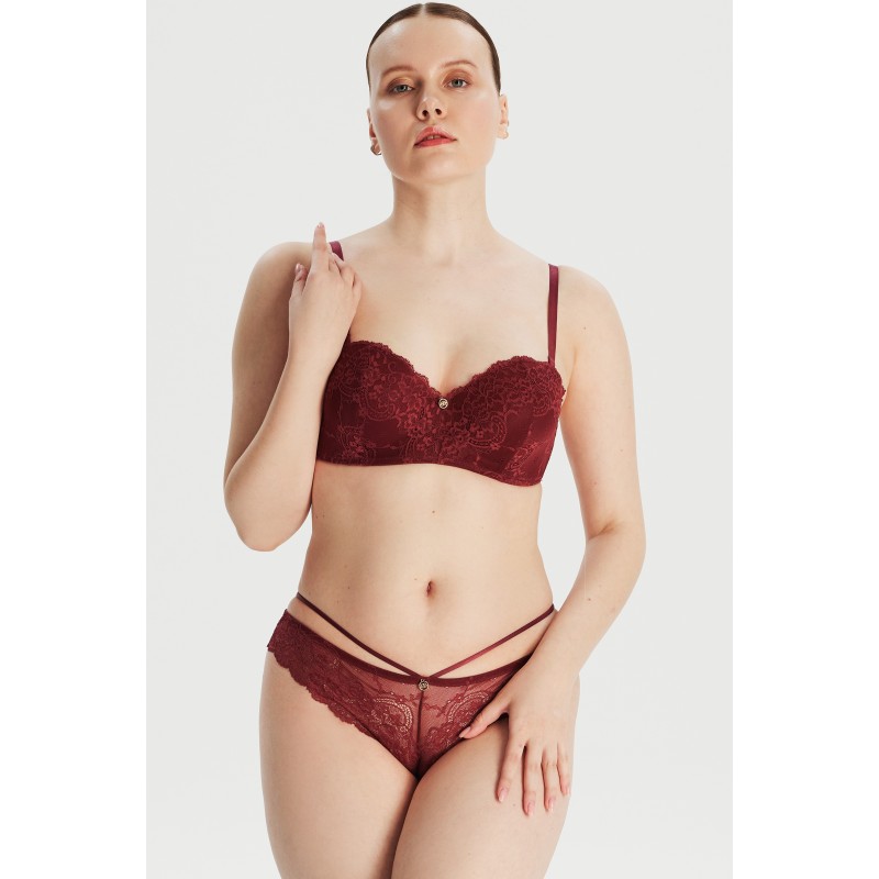 Dantel Detaylı Bordo Straplez Sütyen