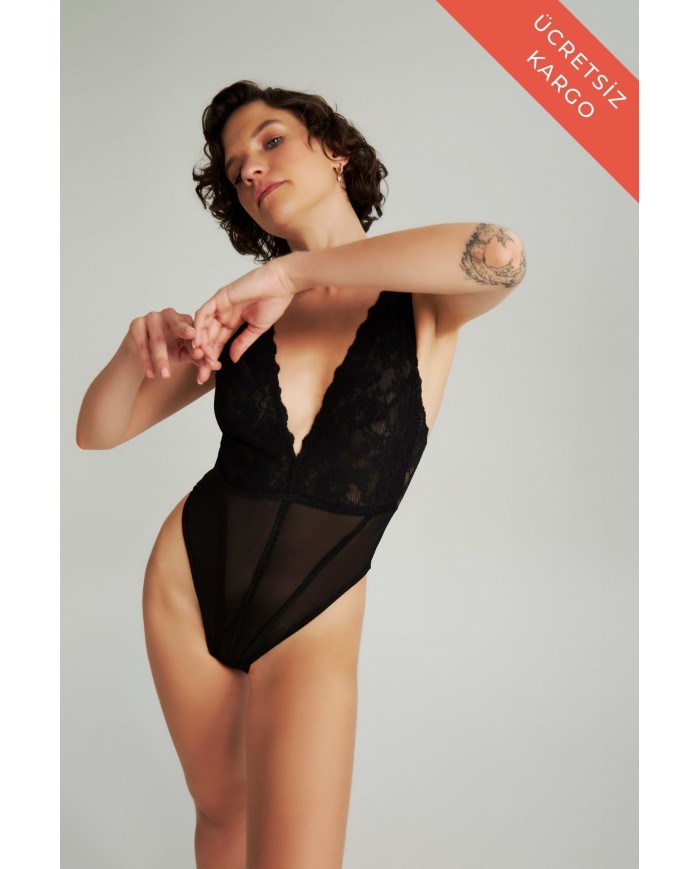 Helena Siyah Dantel Bodysuit
